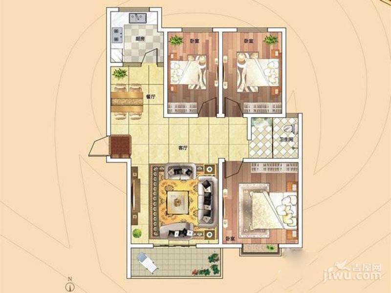 汇金玫瑰园3室2厅1卫124㎡户型图