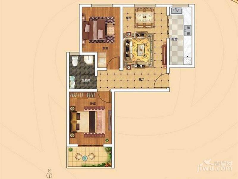 汇金玫瑰园2室2厅1卫88㎡户型图