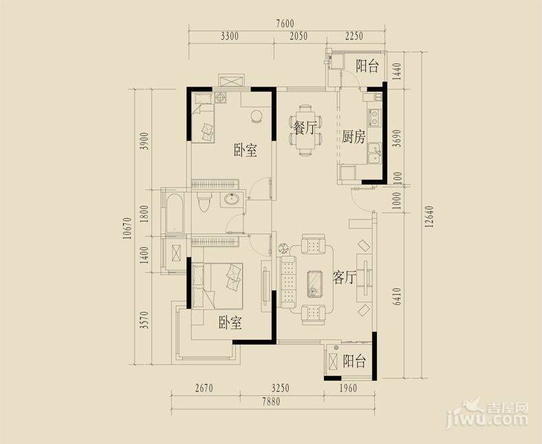 大河龙城四期颐河2室2厅1卫93㎡户型图