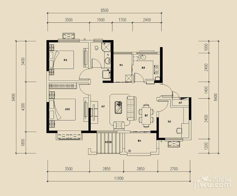 大河龙城四期颐河3室2厅1卫93.9㎡户型图