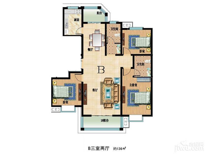 晨胧华庭3室3厅2卫136㎡户型图