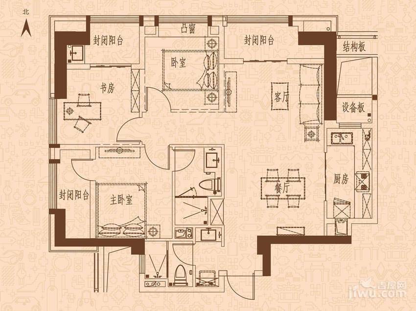 万科广场3室2厅2卫105㎡户型图