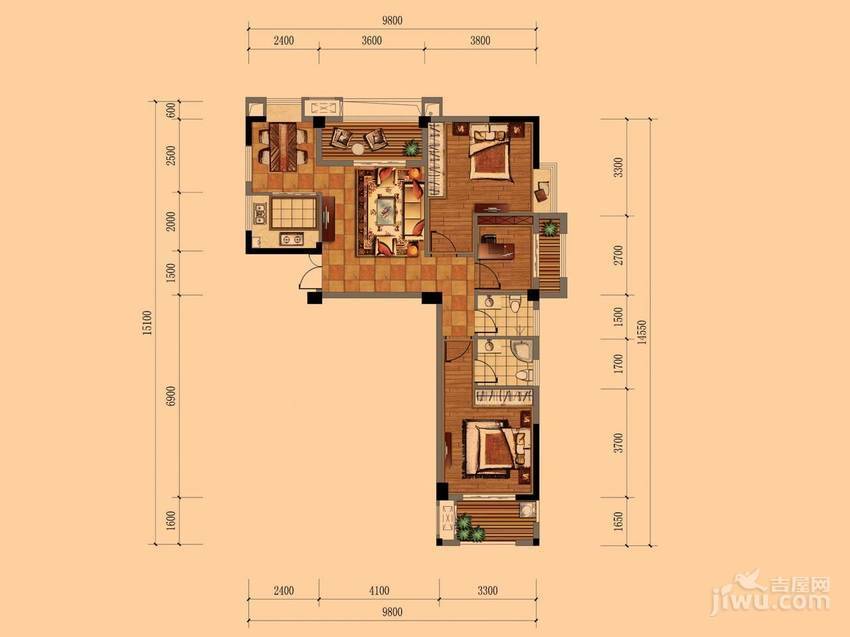 博仕后世家3室2厅2卫95㎡户型图