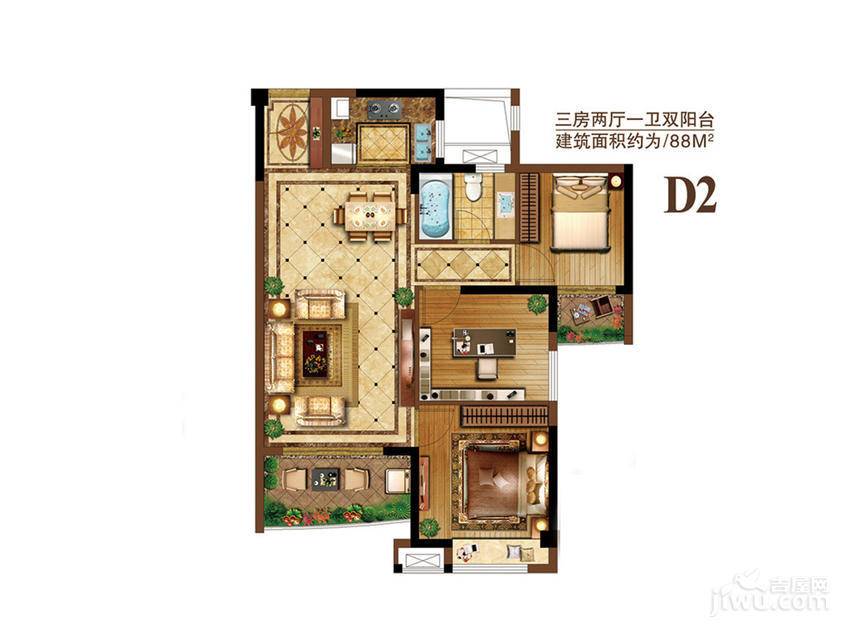 保利·西江林语3室2厅1卫88㎡户型图