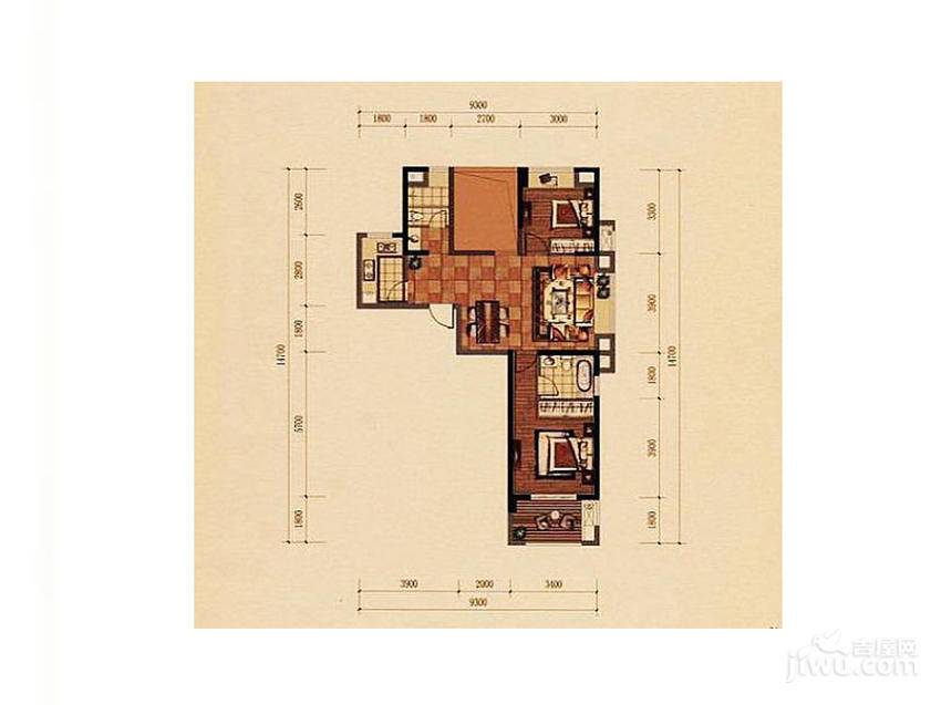 博仕后龙港城2室2厅2卫88㎡户型图