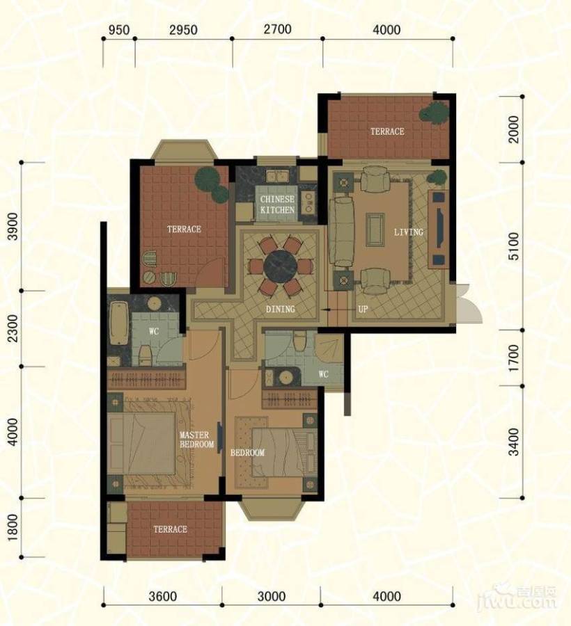 东方名城2室2厅2卫111.1㎡户型图