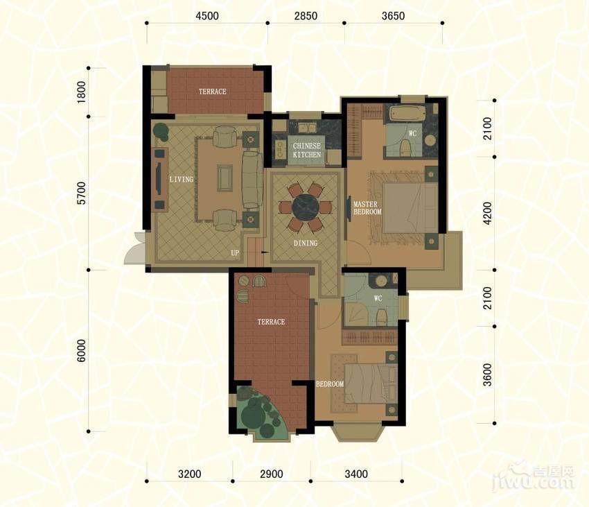 东方名城2室2厅2卫124㎡户型图