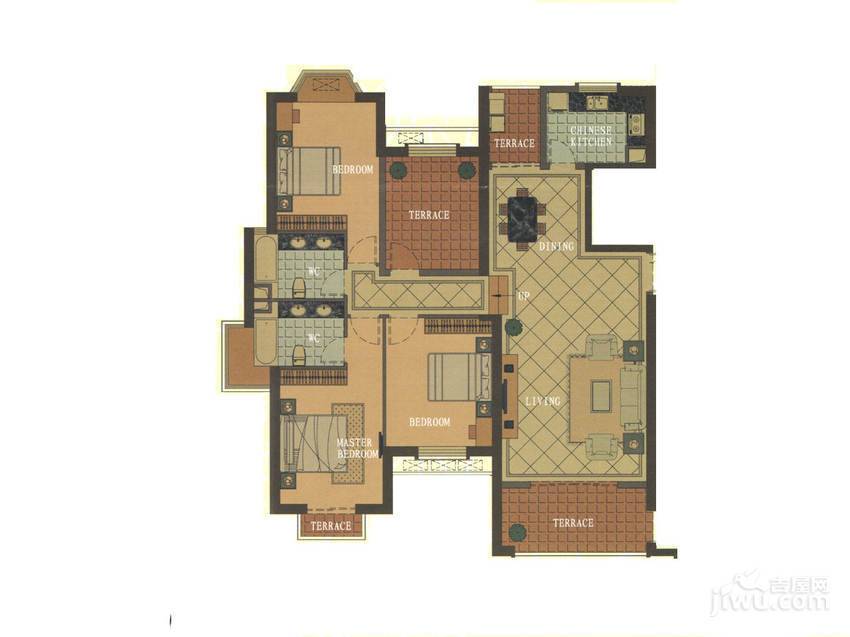 东方名城2室2厅2卫111㎡户型图