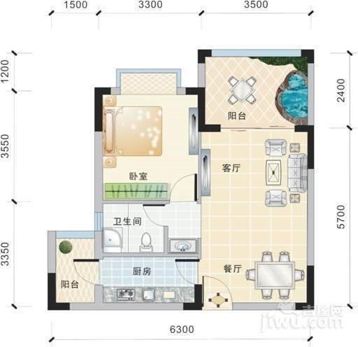 天长颐生园1室2厅1卫67.8㎡户型图