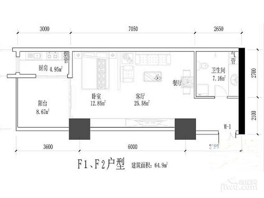 太阳岛公寓1室2厅1卫64.9㎡户型图