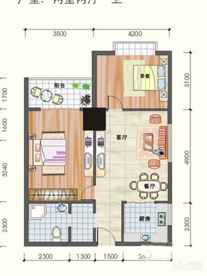 太阳岛公寓2室2厅1卫85㎡户型图