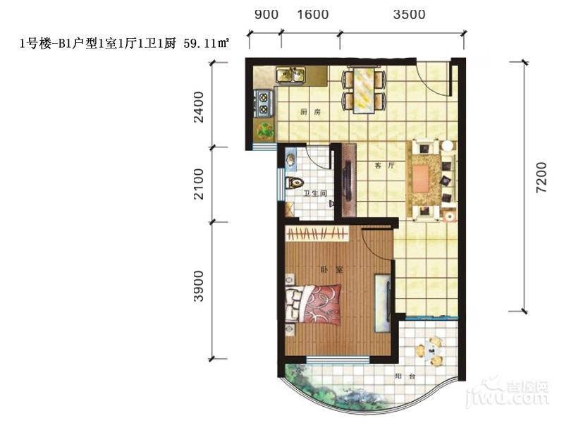 傲景观澜九龙湾国际温泉公寓1室1厅1卫59㎡户型图