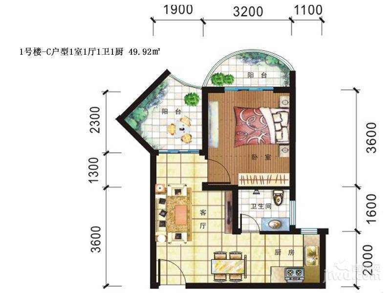 傲景观澜九龙湾国际温泉公寓1室1厅1卫49㎡户型图