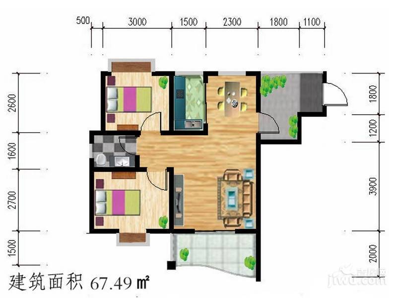 公园壹号2室2厅1卫67.4㎡户型图