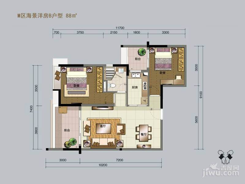 海南陵水富力湾2室2厅2卫88㎡户型图