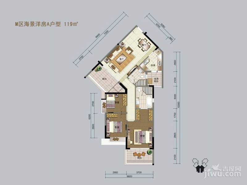 海南陵水富力湾3室2厅2卫119㎡户型图