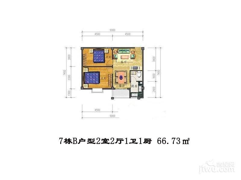 江畔尚品2室2厅1卫59㎡户型图