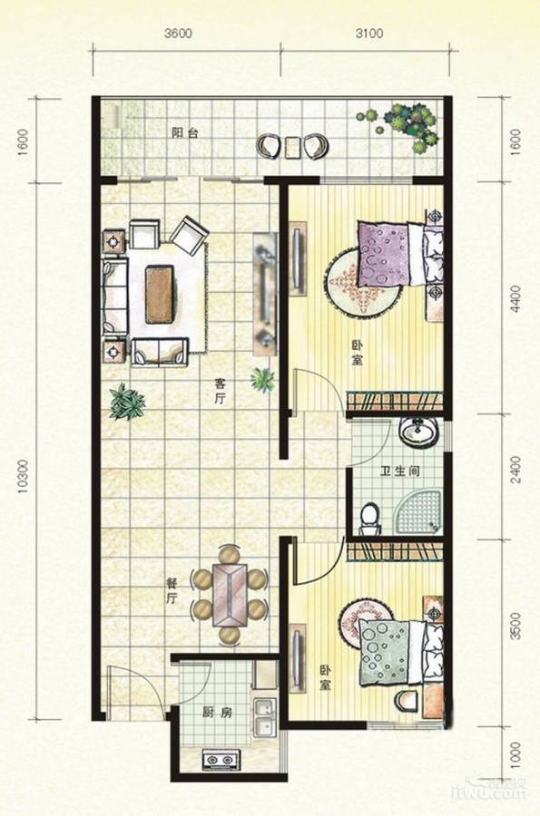 华爵泽诚嘉园2室2厅1卫90.6㎡户型图