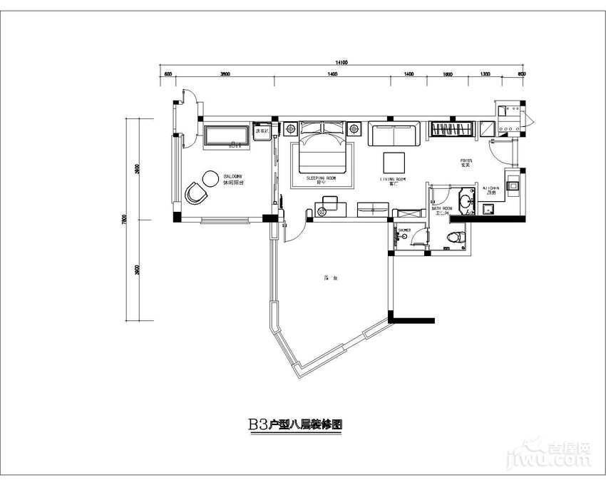 东和福湾1室1厅1卫56.6㎡户型图