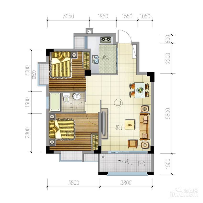 兴隆家和园2室2厅1卫74.5㎡户型图