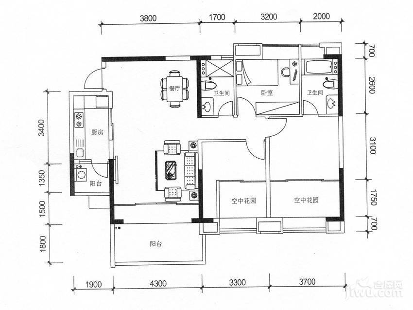 怡翠世嘉花园3室2厅2卫114㎡户型图