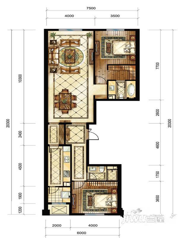 中海枫丹公馆2室2厅2卫140㎡户型图