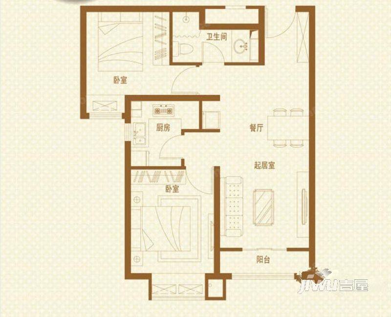 金地格林格林2室2厅1卫75.5㎡户型图