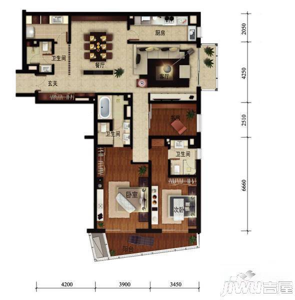 华远九都汇3室2厅3卫206.3㎡户型图