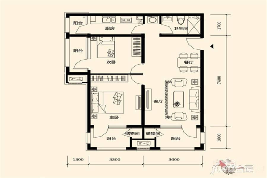 鸿坤·罗纳河谷果岭墅2室2厅1卫88㎡户型图