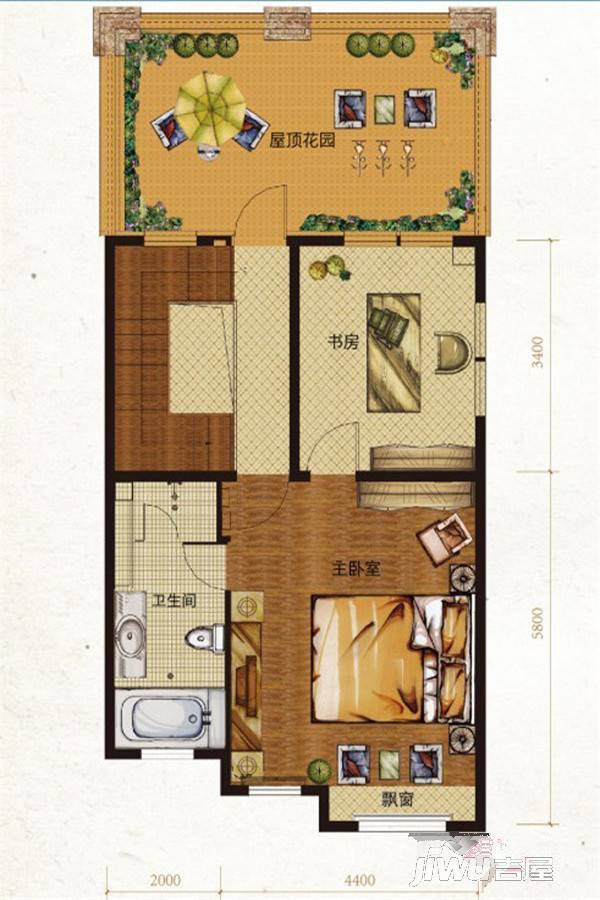 鸿坤·罗纳河谷果岭墅2室0厅1卫58㎡户型图