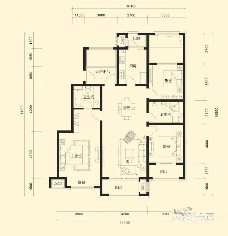 金科廊桥水岸3室2厅2卫135㎡户型图