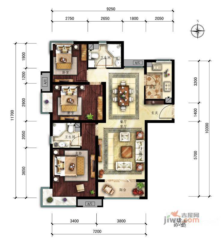 中建国际港3室2厅2卫122㎡户型图