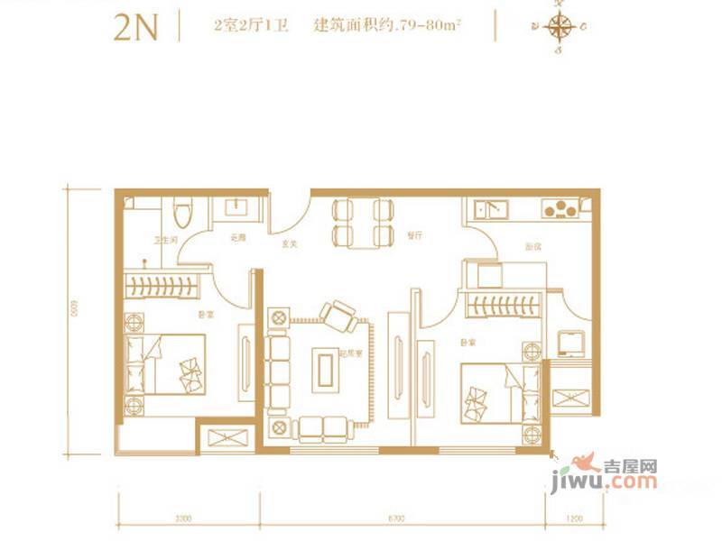 融科钧廷2室2厅1卫79㎡户型图