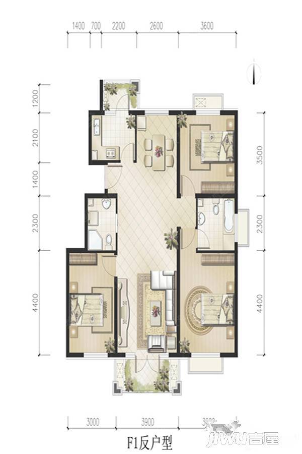 恒华湖公馆3室2厅1卫90㎡户型图