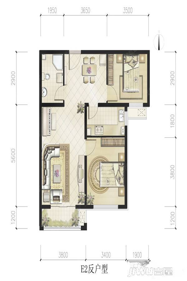 恒华湖公馆2室2厅2卫90㎡户型图