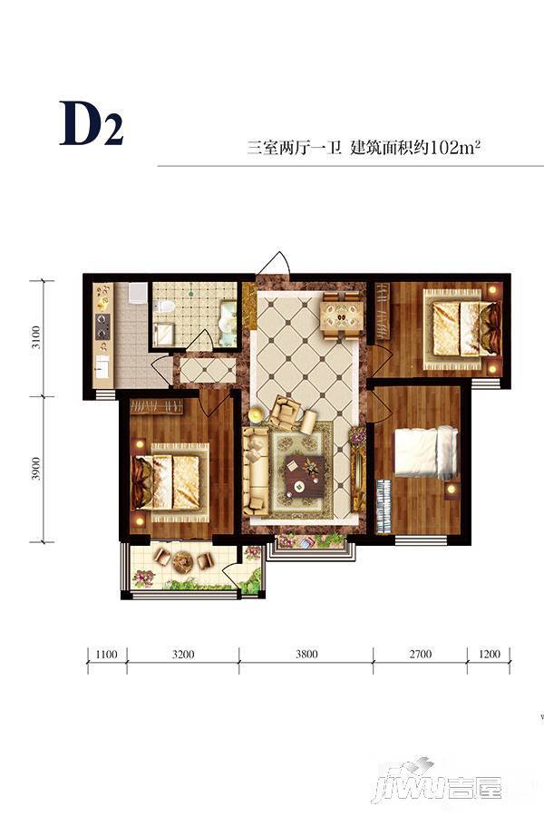 惠友万悦城3室2厅1卫102㎡户型图