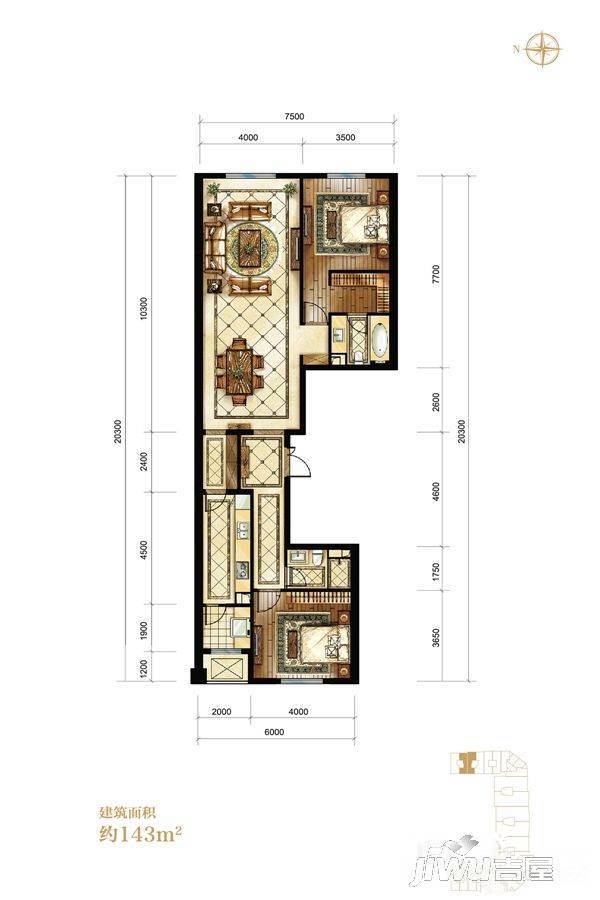 中海枫丹公馆2室2厅2卫140㎡户型图