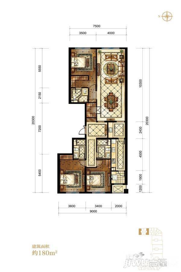 中海枫丹公馆3室2厅2卫180㎡户型图