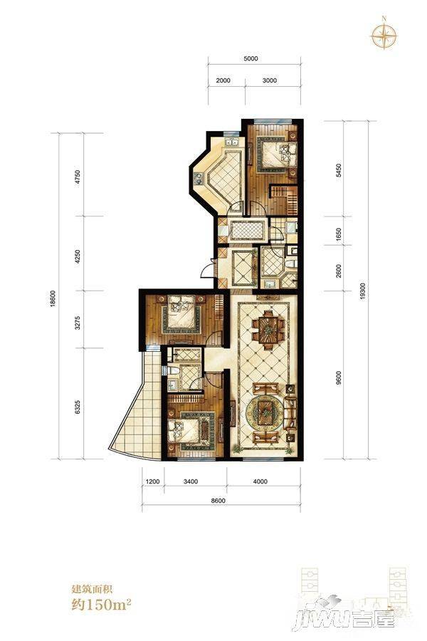 中海枫丹公馆3室2厅2卫150㎡户型图