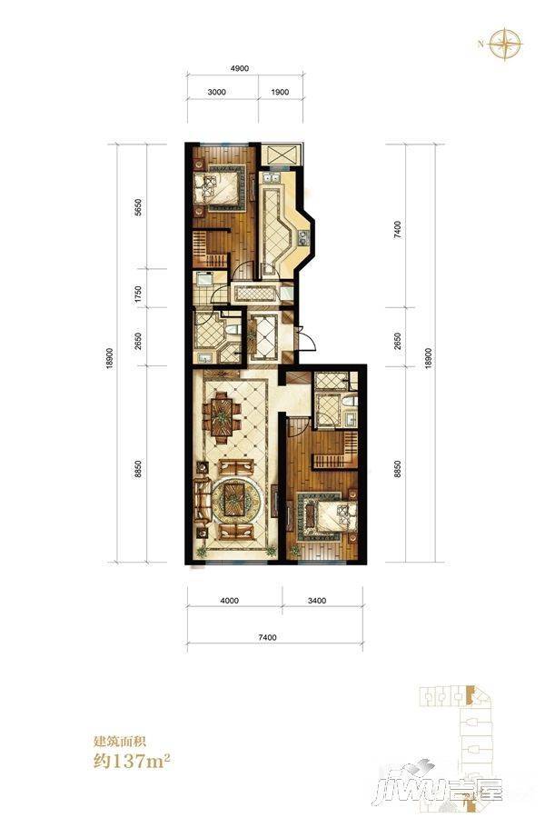 中海枫丹公馆2室2厅2卫137㎡户型图