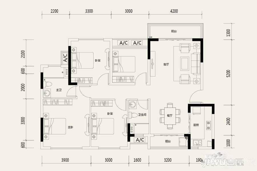 金地·琥悦3室2厅2卫116㎡户型图