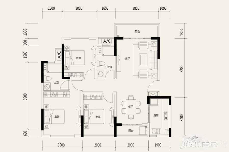 金地·琥悦3室2厅2卫100㎡户型图