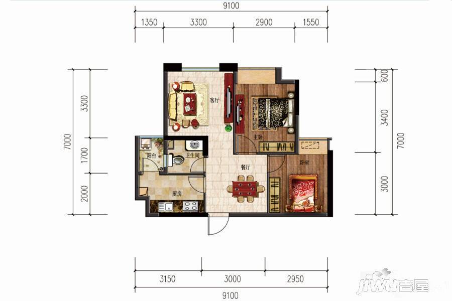 丰泰黄旗观邸商铺2室2厅1卫60㎡户型图