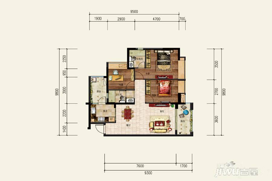 丰泰黄旗观邸商铺3室2厅2卫96㎡户型图