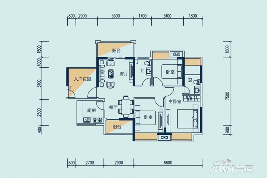 礼顿金御海湾3室2厅2卫101㎡户型图