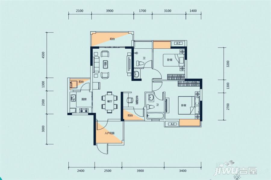 礼顿金御海湾3室2厅2卫96㎡户型图