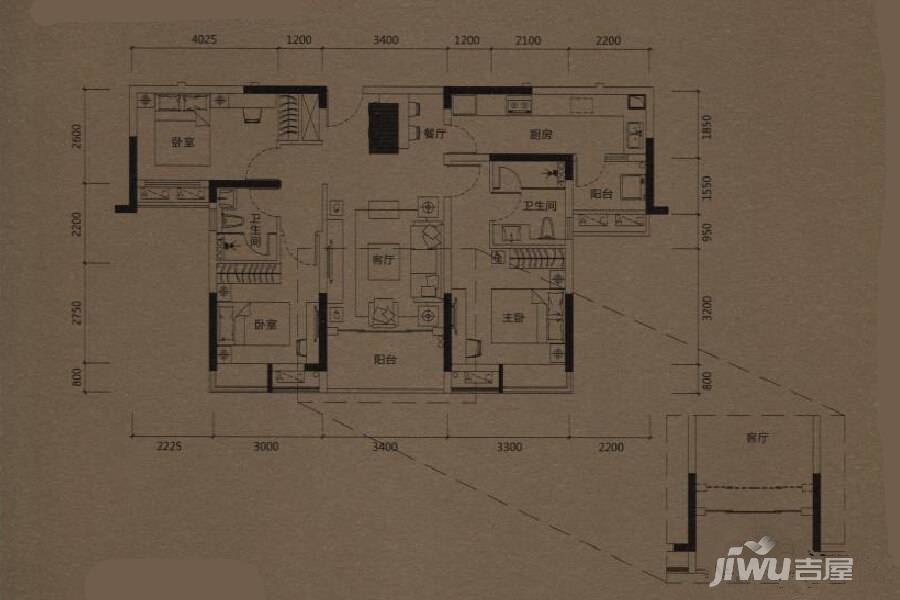 中惠松湖城3室2厅1卫103㎡户型图