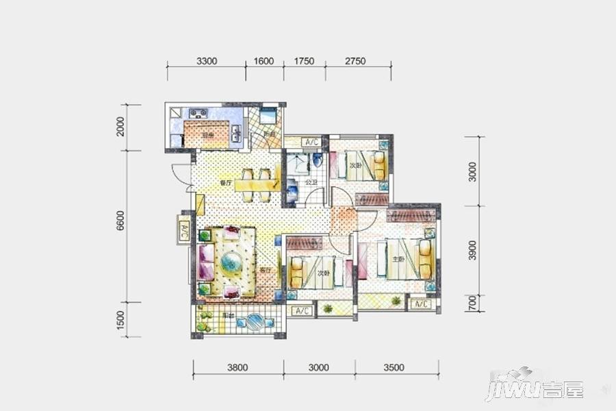 广源阳光里3室2厅1卫92㎡户型图