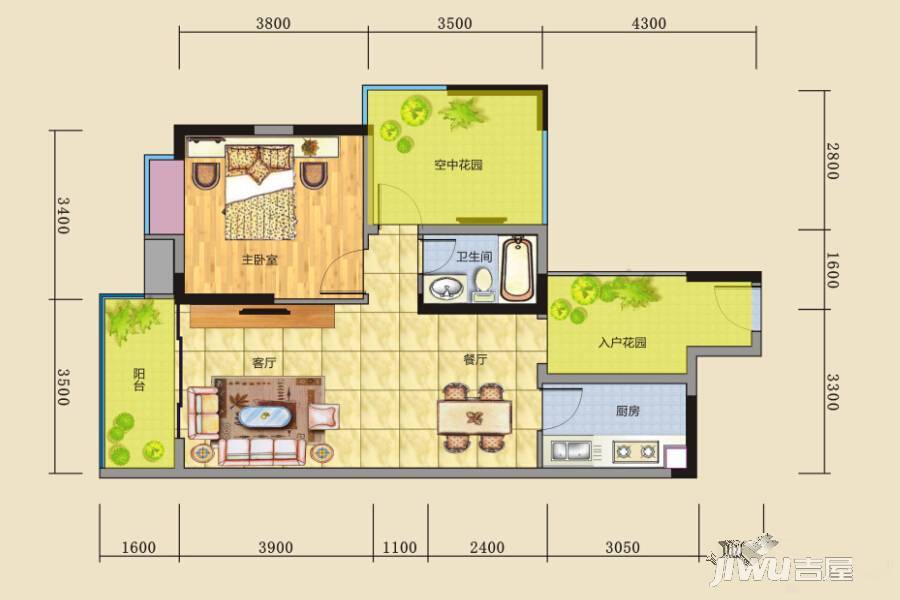 碧河四期水云天公馆1室2厅1卫71㎡户型图