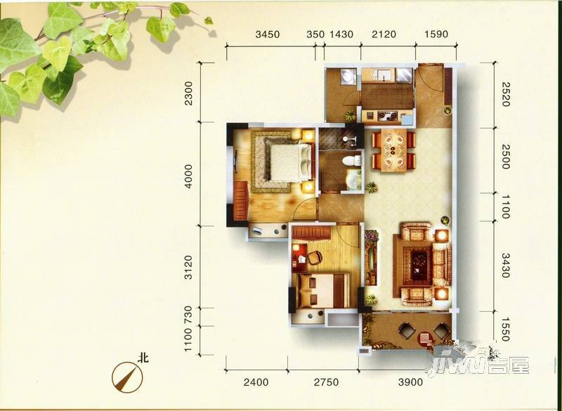 东田山畔华庭2室1厅1卫82.3㎡户型图